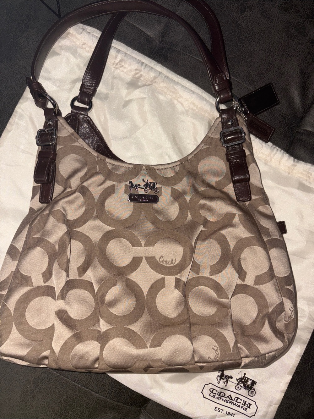 Coach Beige Signature Jacquard Shoulder Bag with Brown Trim